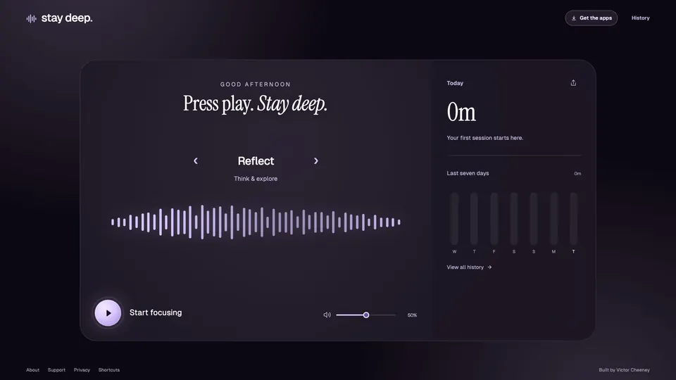 The Stay Deep home page: the Reflect track, a purple waveform, a Start focusing button and the seven-day history.